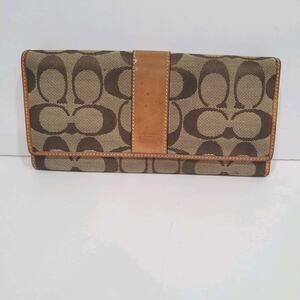 Coach Long Wallet Stripe Envelope Beige Brown Tan Designer Large Leather Canvas